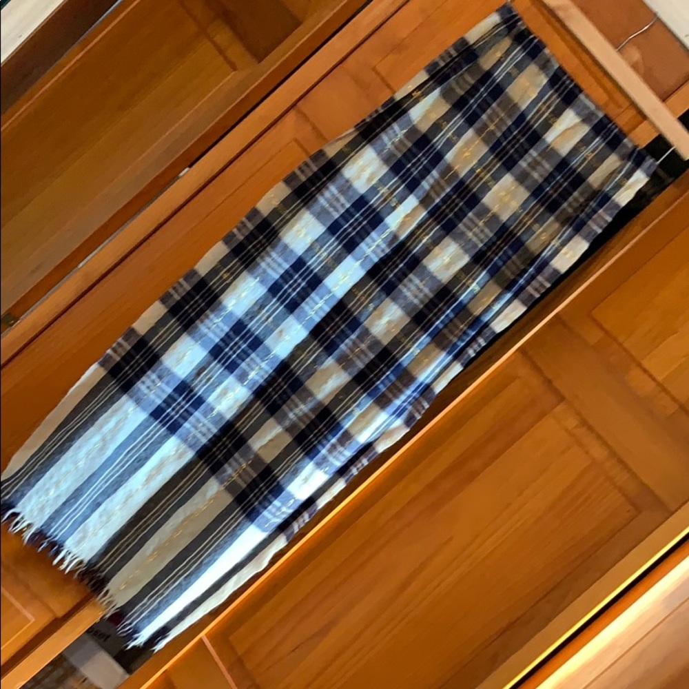 J.Crew scarf, blue & tan plaid gold thread detail.